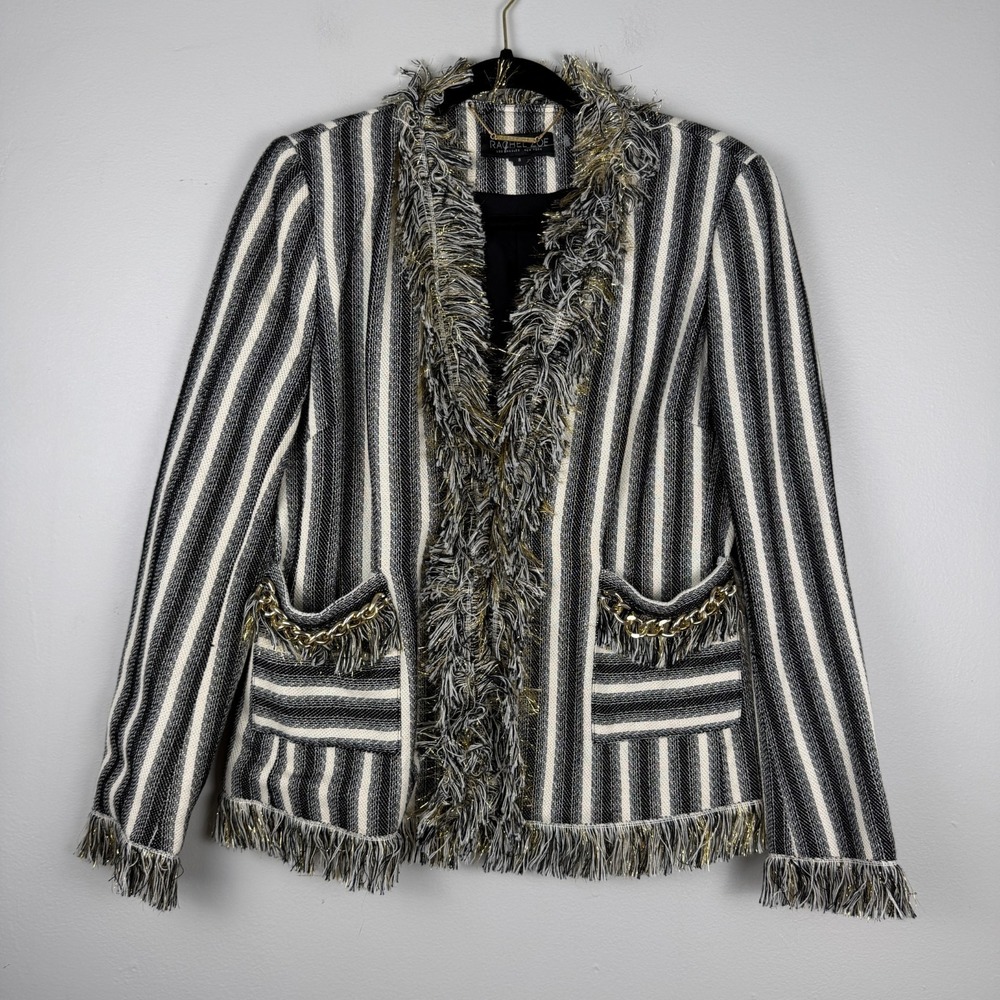 Rachel Zoe Blazer Jacket Womens 8‎ Black White Stripe Fur Trim Gold Career Fun